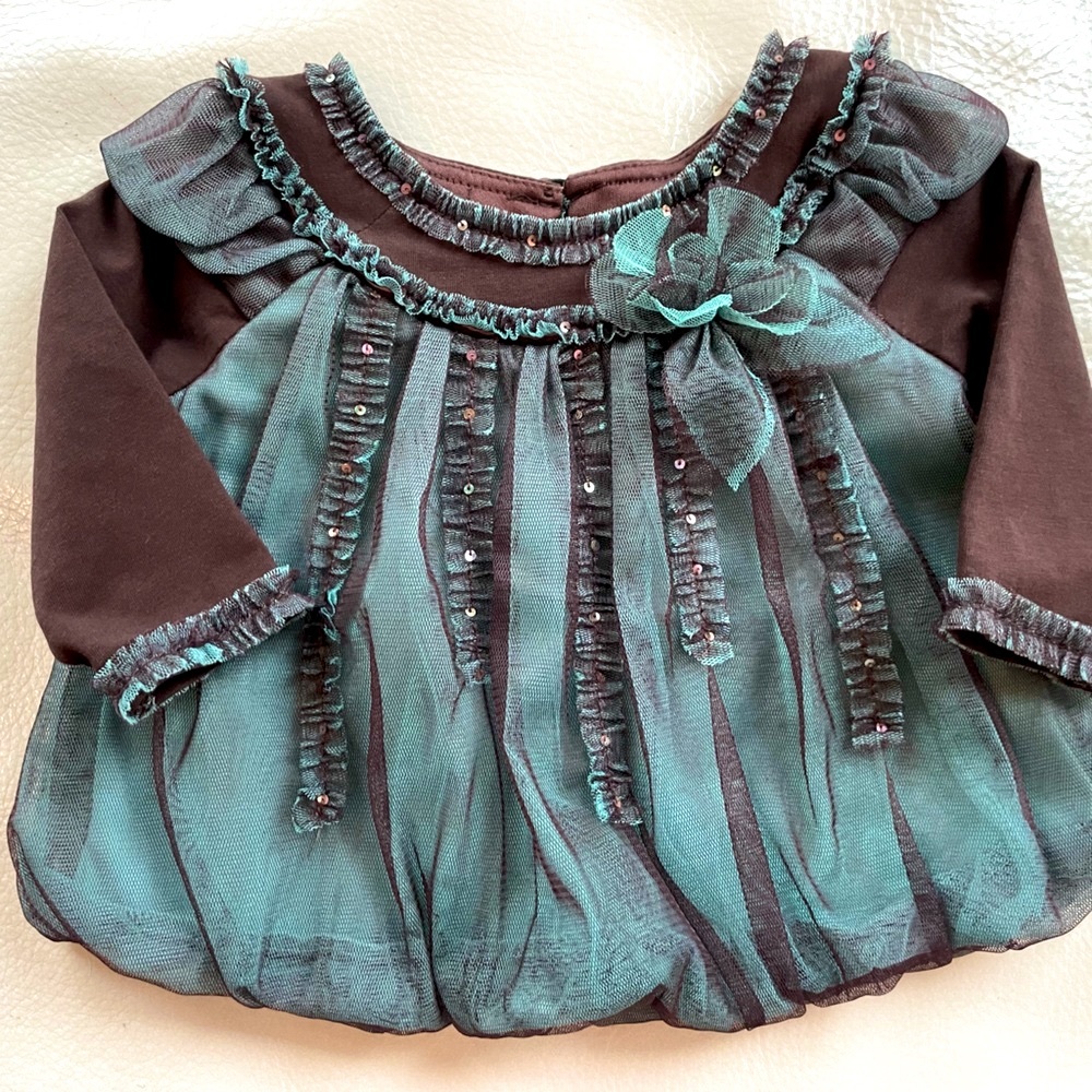 Isabella & Chloe Elegant Party Dress, Pleated Tulle & Sequins, Teal & Brown